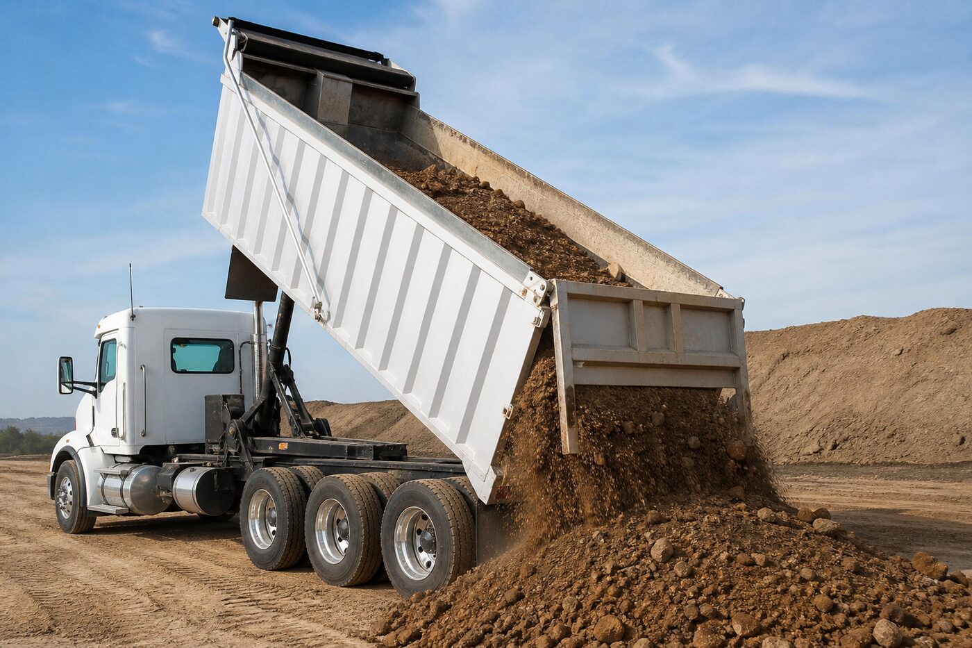 Dump truck with its bed raised high and material spilling out the rear