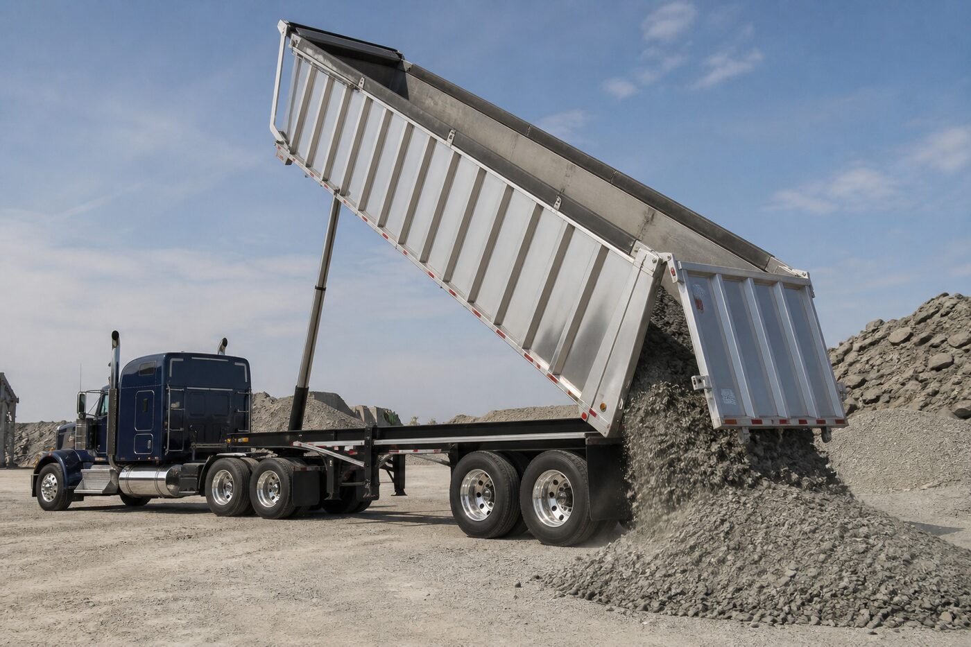 Semi end-dump trailer with bed raised and gravel pouring out the back